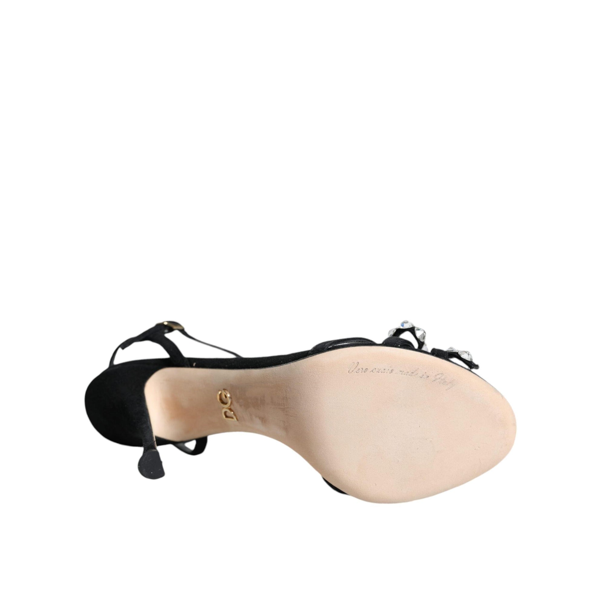 Dolce &amp; Gabbana Black Leather Crystal Bow Heels Sandals Shoes