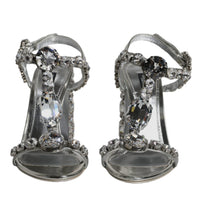 Dolce & Gabbana Silver Leather T-strap Crystal Sandals Shoes