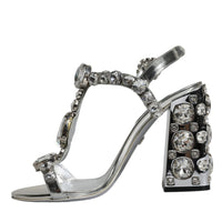 Dolce & Gabbana Silver Leather T-strap Crystal Sandals Shoes