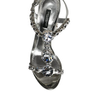 Dolce & Gabbana Silver Leather T-strap Crystal Sandals Shoes