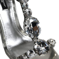 Dolce & Gabbana Silver Leather T-strap Crystal Sandals Shoes