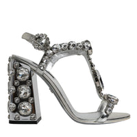 Dolce & Gabbana Silver Leather T-strap Crystal Sandals Shoes