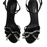 Dolce & Gabbana Black Leather Crystal Bow Heels Sandals Shoes