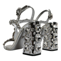 Dolce & Gabbana Silver Leather T-strap Crystal Sandals Shoes