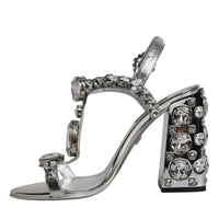 Dolce & Gabbana Silver Leather T-strap Crystal Sandals Shoes