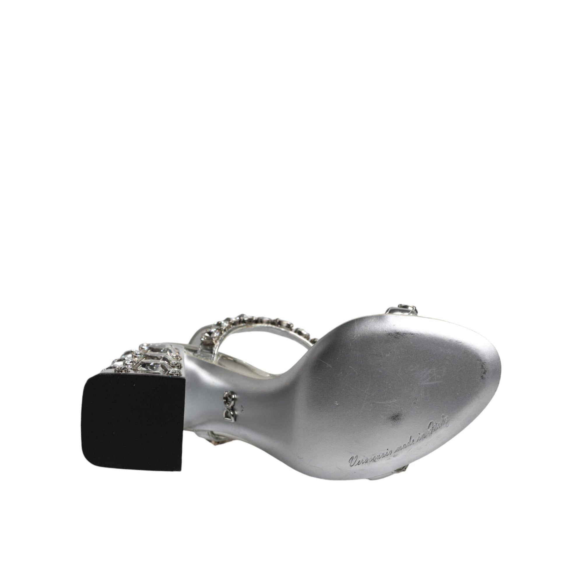 Dolce &amp; Gabbana Silver Leather T-strap Crystal Sandals Shoes