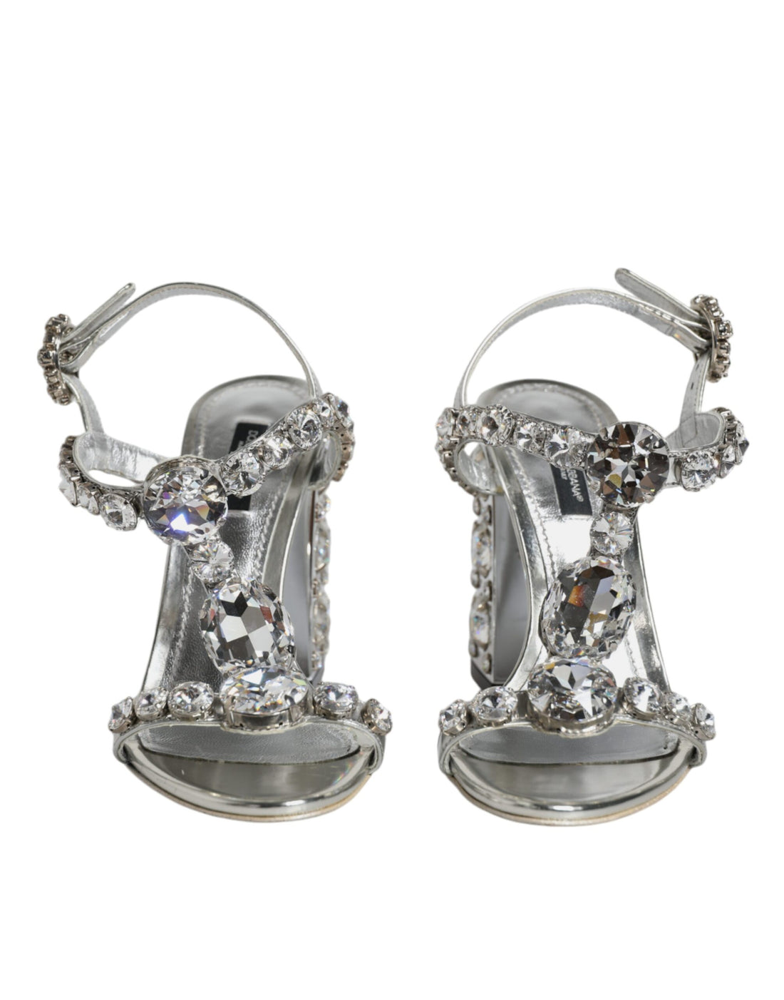 Dolce & Gabbana Silver Leather T-strap Crystal Sandals Shoes