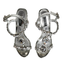 Dolce & Gabbana Silver Leather T-strap Crystal Sandals Shoes