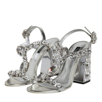 Dolce & Gabbana Silver Leather T-strap Crystal Sandals Shoes