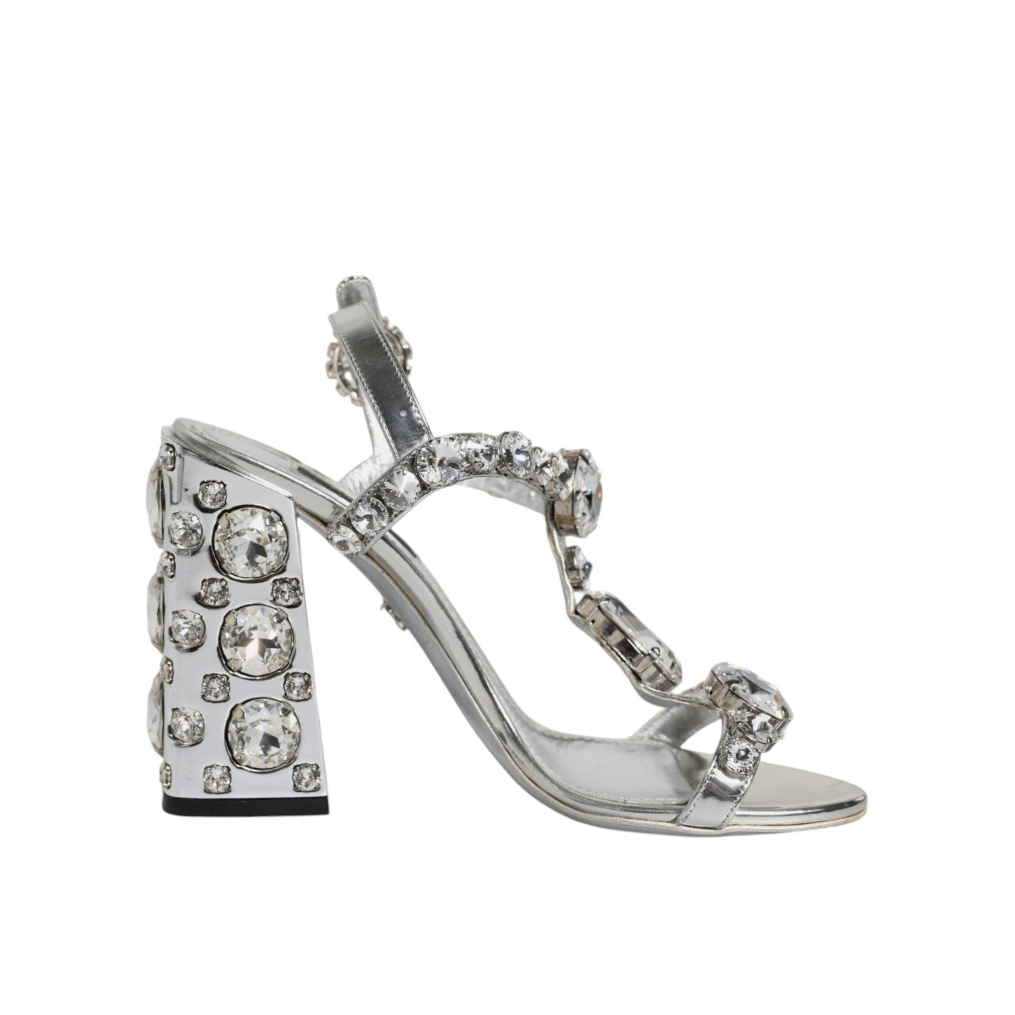 Dolce &amp; Gabbana Silver Leather T-strap Crystal Sandals Shoes