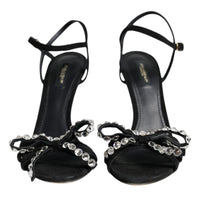 Dolce & Gabbana Black Leather Crystal Bow Heels Sandals Shoes