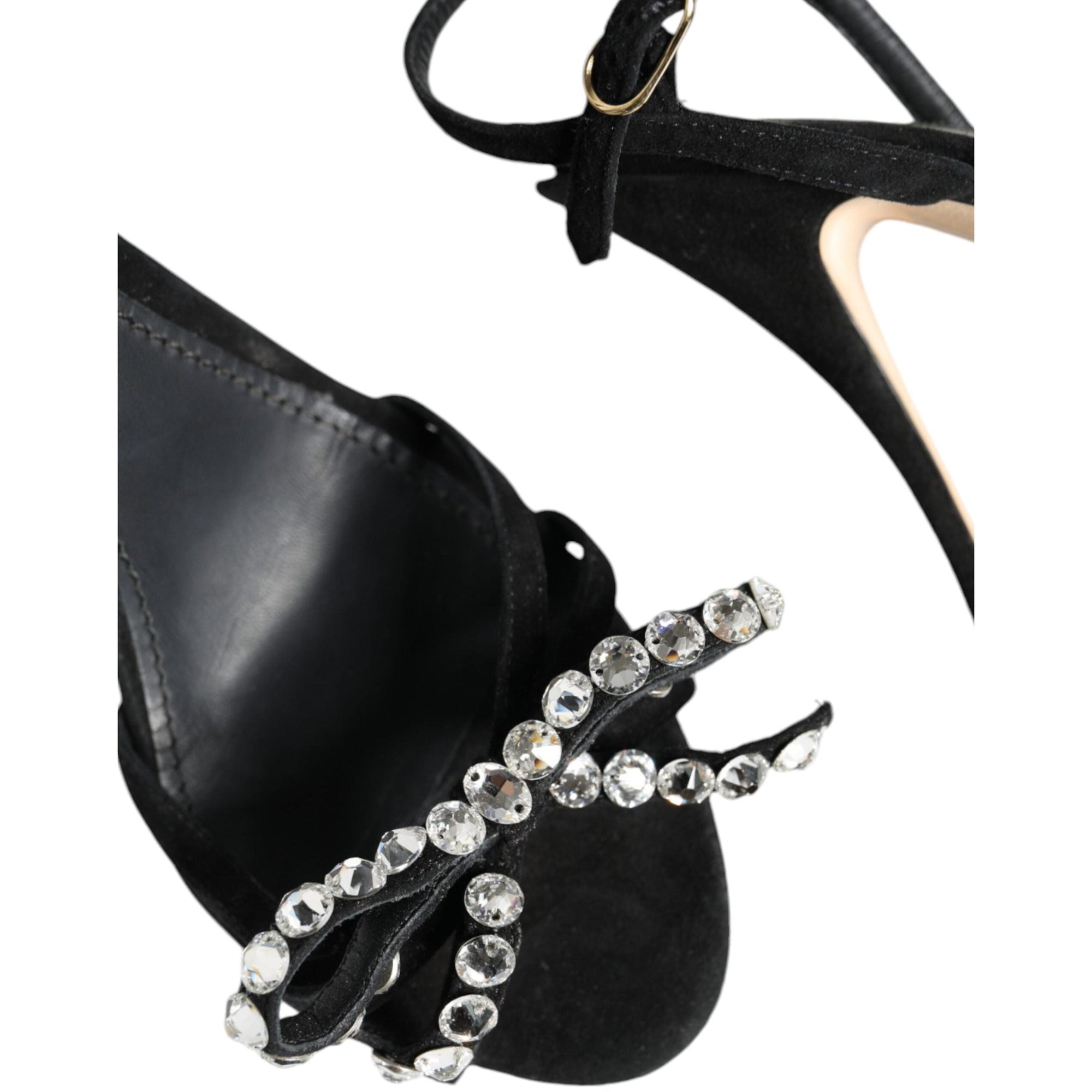 Dolce &amp; Gabbana Black Leather Crystal Bow Heels Sandals Shoes