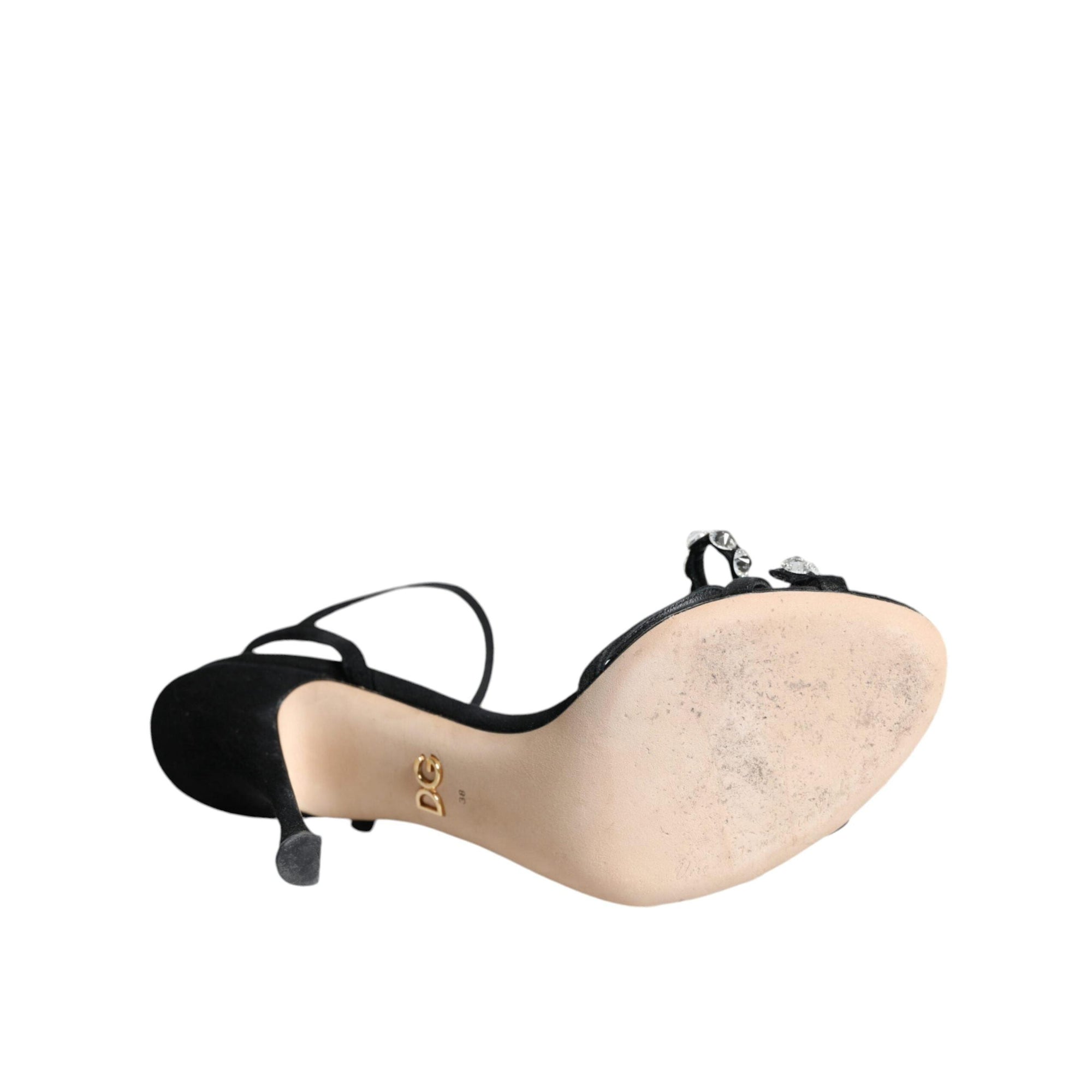 Dolce &amp; Gabbana Black Leather Crystal Bow Heels Sandals Shoes