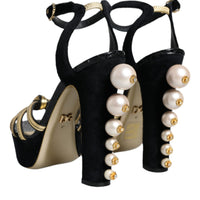 Dolce & Gabbana Black Leather Faux Pearl Heel Sandals Shoes