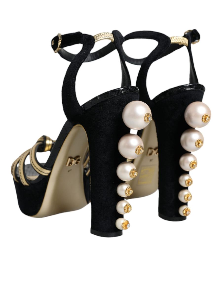 Dolce & Gabbana Black Leather Faux Pearl Heel Sandals Shoes