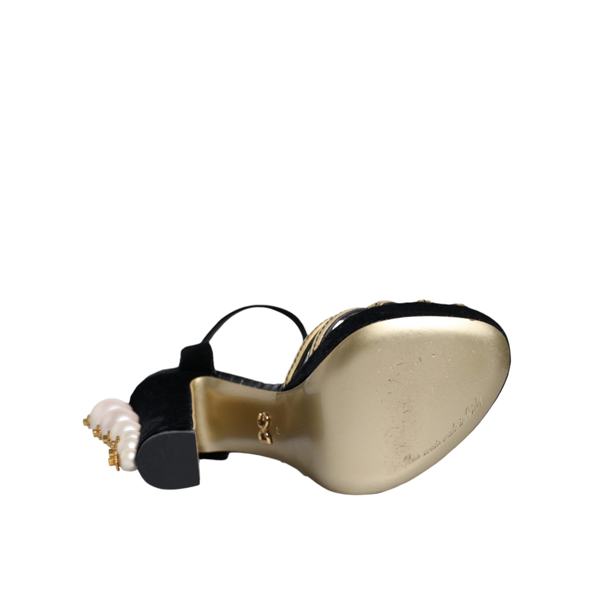 Dolce &amp; Gabbana Black Leather Faux Pearl Heel Sandals Shoes