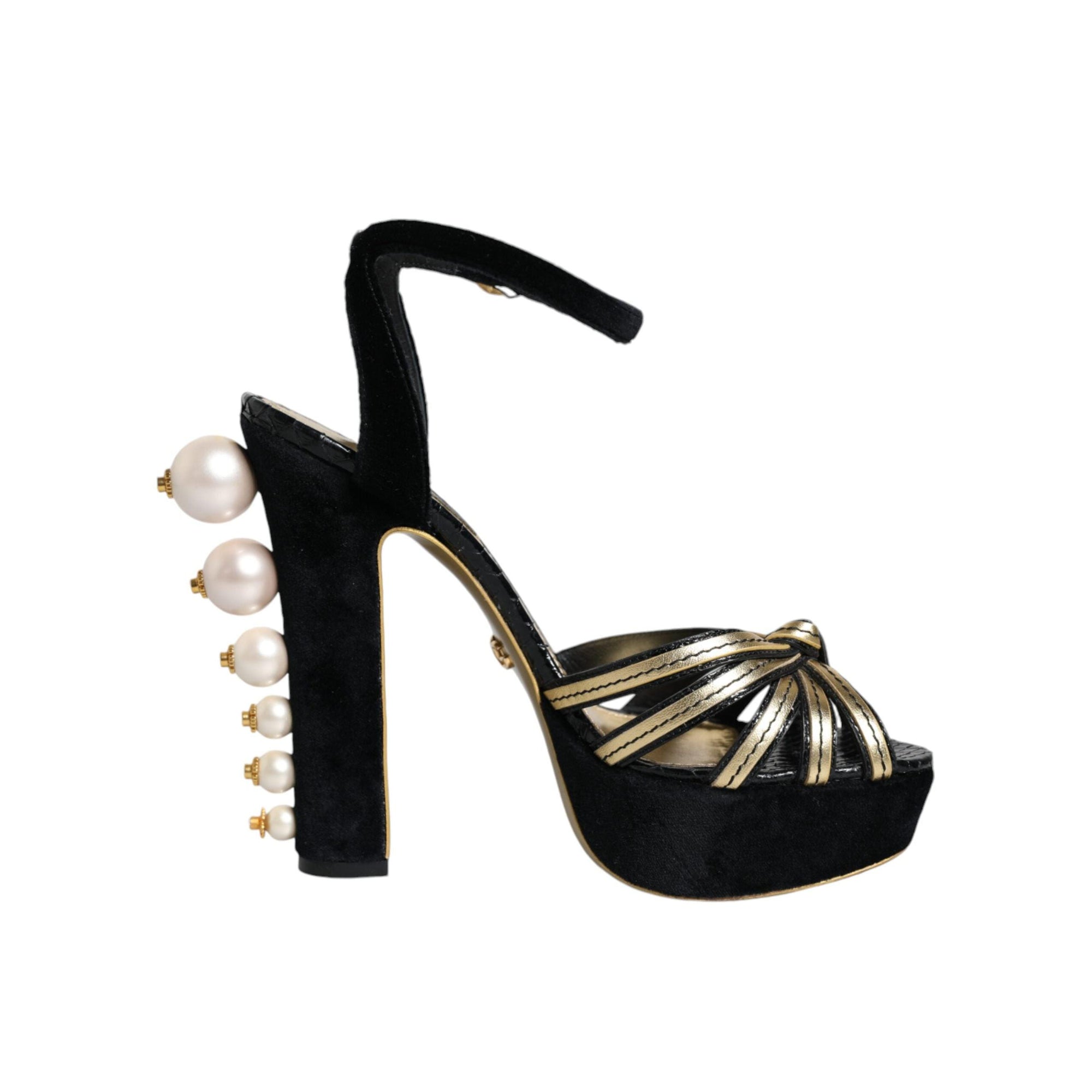 Dolce &amp; Gabbana Black Leather Faux Pearl Heel Sandals Shoes