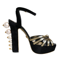 Dolce & Gabbana Black Leather Faux Pearl Heel Sandals Shoes