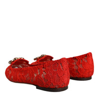 Dolce & Gabbana Red Lace Crystal Ballet Flats Loafers Shoes