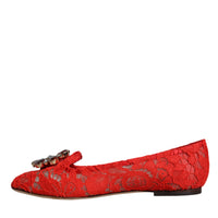 Dolce & Gabbana Red Lace Crystal Ballet Flats Loafers Shoes