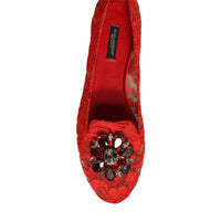 Dolce & Gabbana Red Lace Crystal Ballet Flats Loafers Shoes