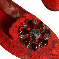 Dolce & Gabbana Red Lace Crystal Ballet Flats Loafers Shoes