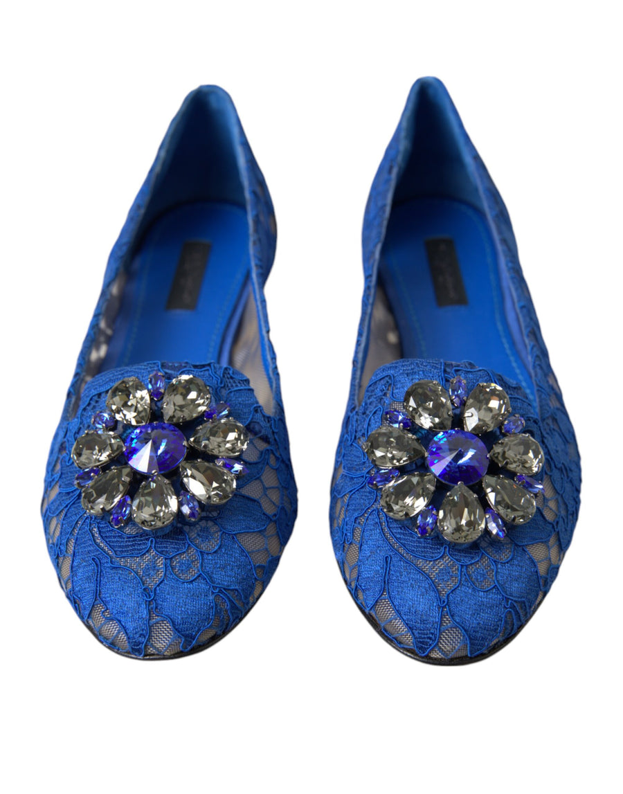 Dolce & Gabbana Blue Lace Crystal Ballet Flats Loafers Shoes