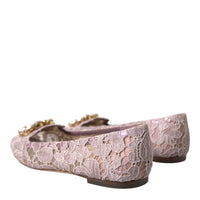 Dolce & Gabbana Pink Lace Crystal Ballet Flats Loafers Shoes