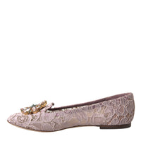 Dolce & Gabbana Pink Lace Crystal Ballet Flats Loafers Shoes