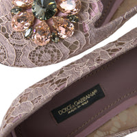 Dolce & Gabbana Pink Lace Crystal Ballet Flats Loafers Shoes