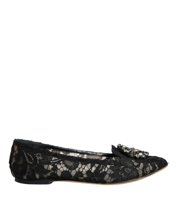 Dolce & Gabbana Black Lace Crystal Ballet Flats Loafer Shoes