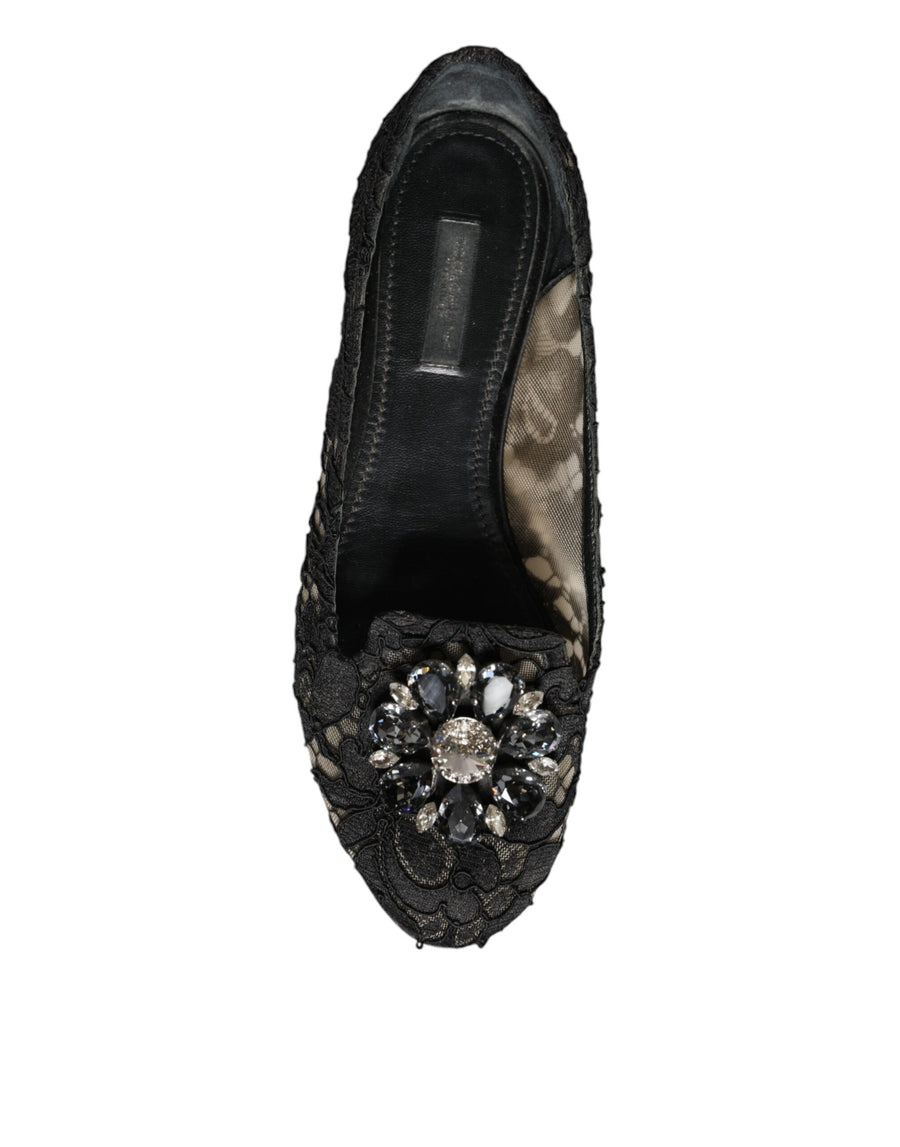 Dolce & Gabbana Black Lace Crystal Ballet Flats Loafer Shoes