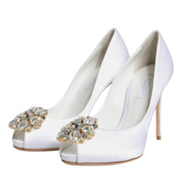 Dolce & Gabbana White Crystals Peep Toe Satin Pumps Shoes