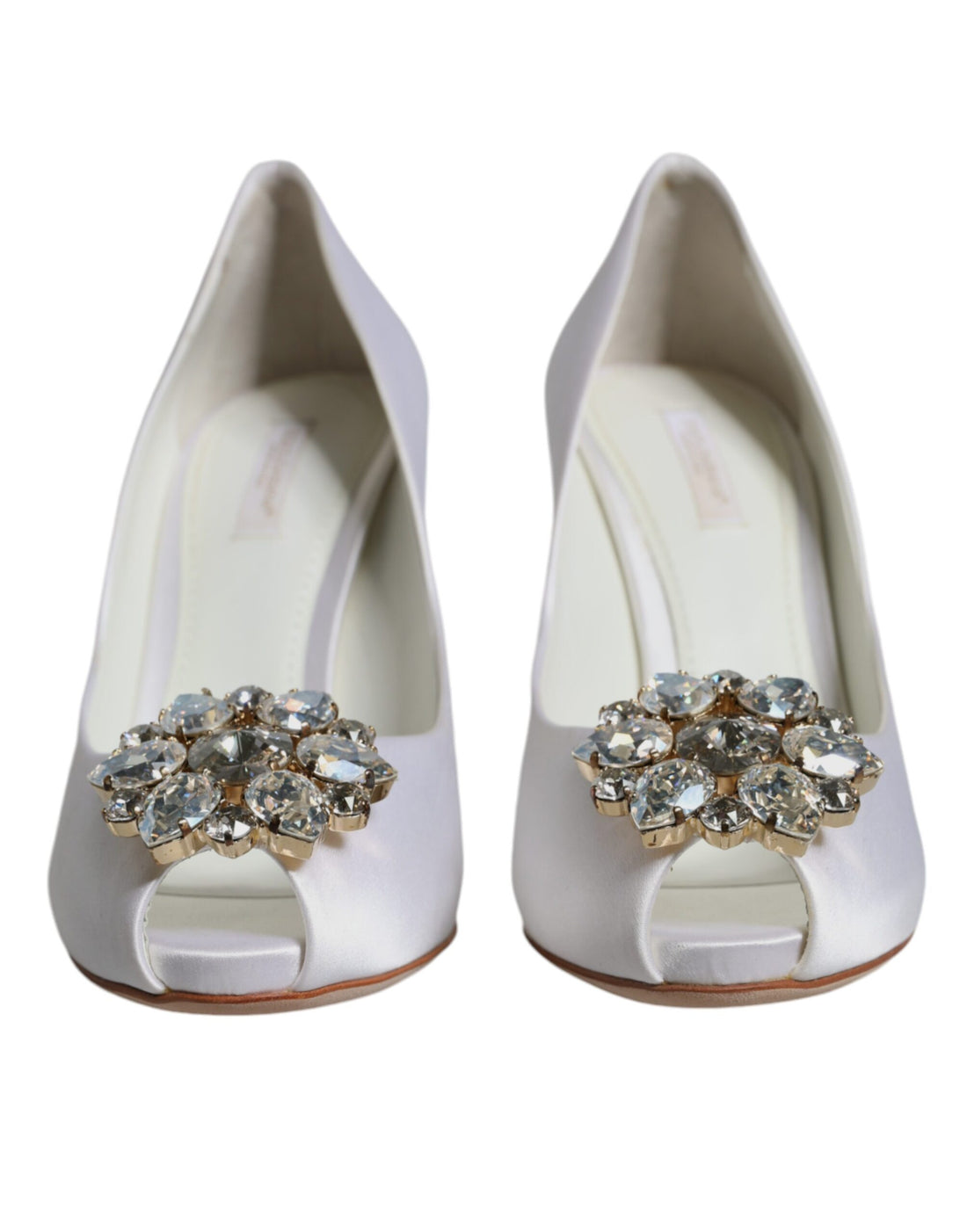 Dolce & Gabbana White Crystals Peep Toe Satin Pumps Shoes