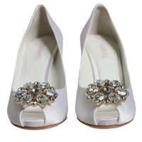 Dolce & Gabbana White Crystals Peep Toe Satin Pumps Shoes