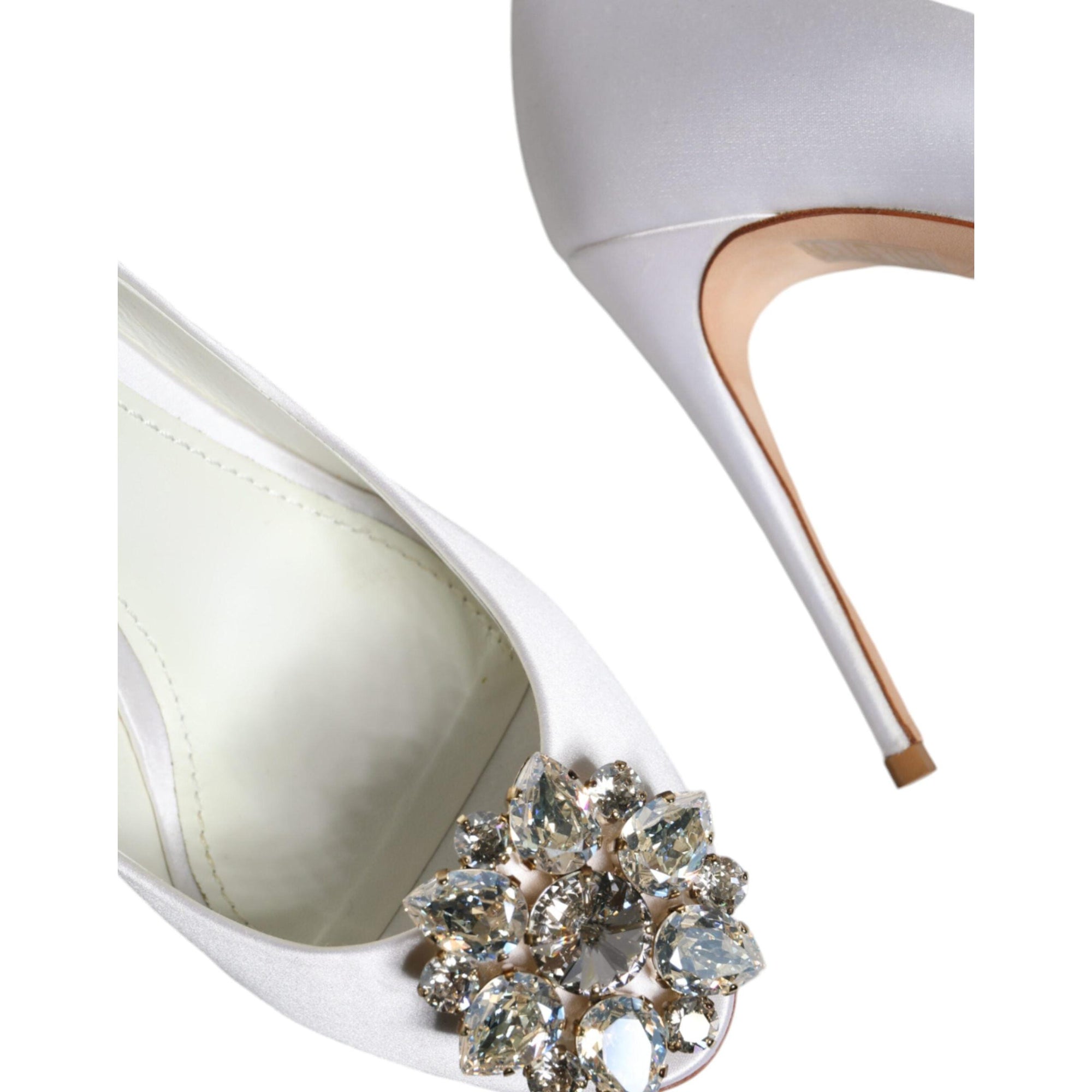 Dolce &amp; Gabbana White Crystals Peep Toe Satin Pumps Shoes