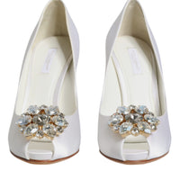 Dolce & Gabbana White Crystals Peep Toe Satin Pumps Shoes