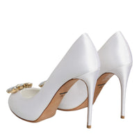 Dolce & Gabbana White Crystals Peep Toe Satin Pumps Shoes