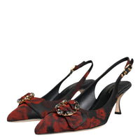 Dolce & Gabbana Black Red Floral Crystal Heel Slingback Shoes