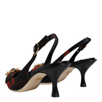 Dolce & Gabbana Black Red Floral Crystal Heel Slingback Shoes