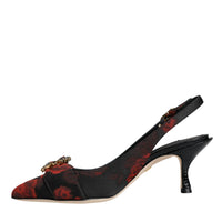 Dolce & Gabbana Black Red Floral Crystal Heel Slingback Shoes