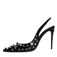 Dolce & Gabbana Black Leather Crystal Stud Slingback Shoes