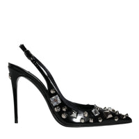 Dolce & Gabbana Black Leather Crystal Stud Slingback Shoes