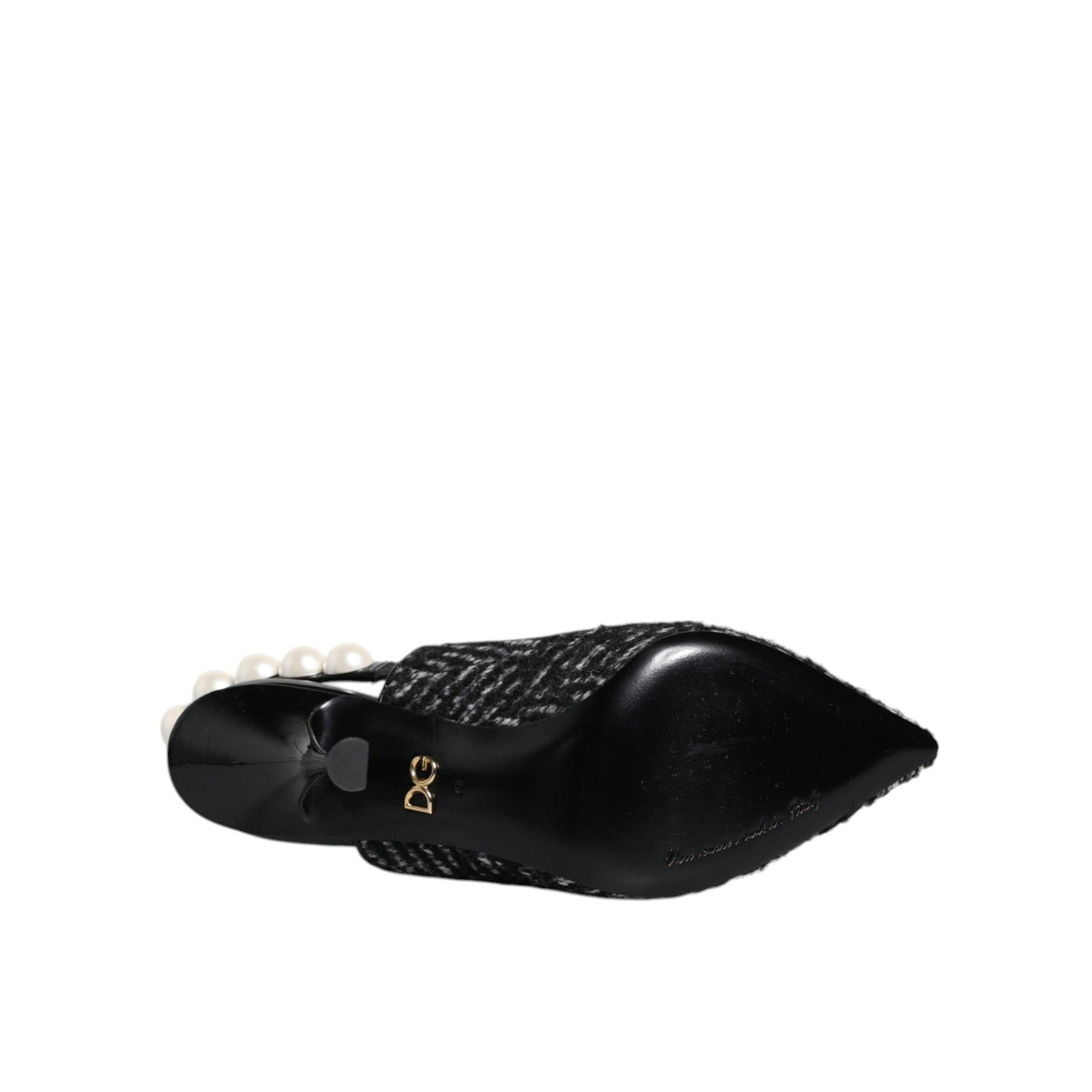 Dolce &amp; Gabbana White Black Chevron Faux Pearl Slingback Shoes