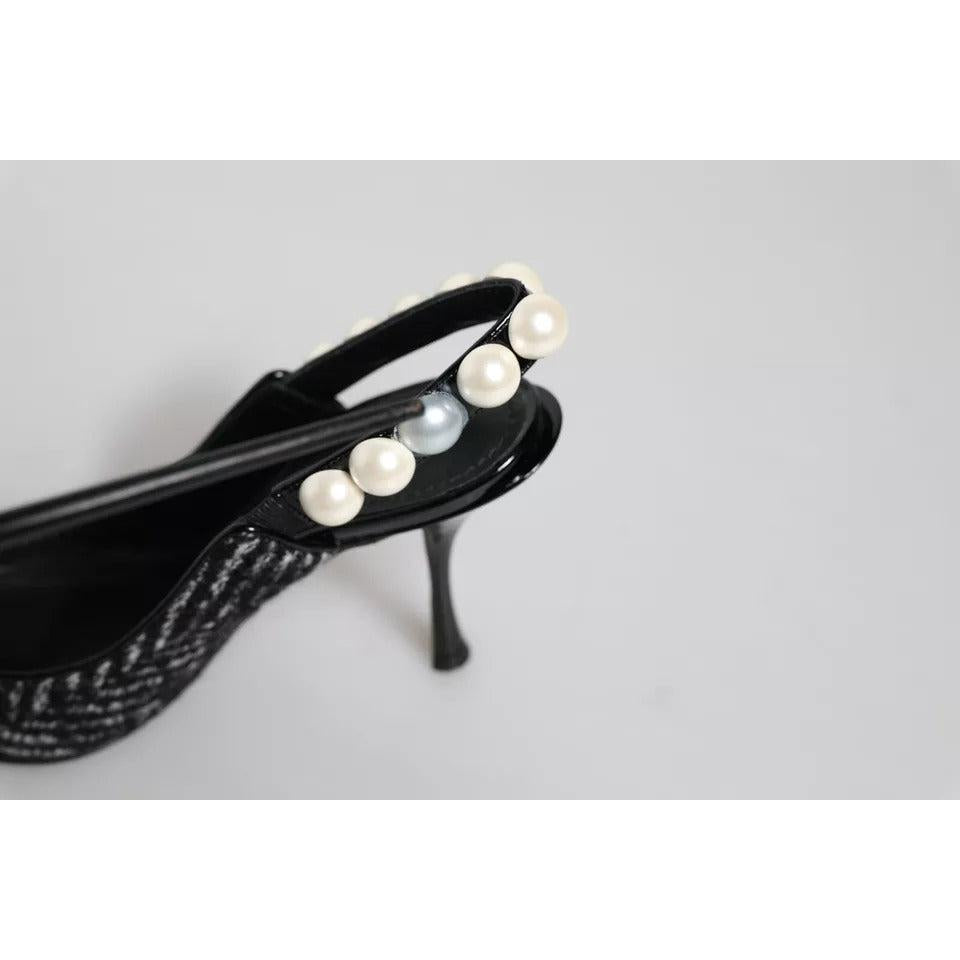 Dolce &amp; Gabbana White Black Chevron Faux Pearl Slingback Shoes