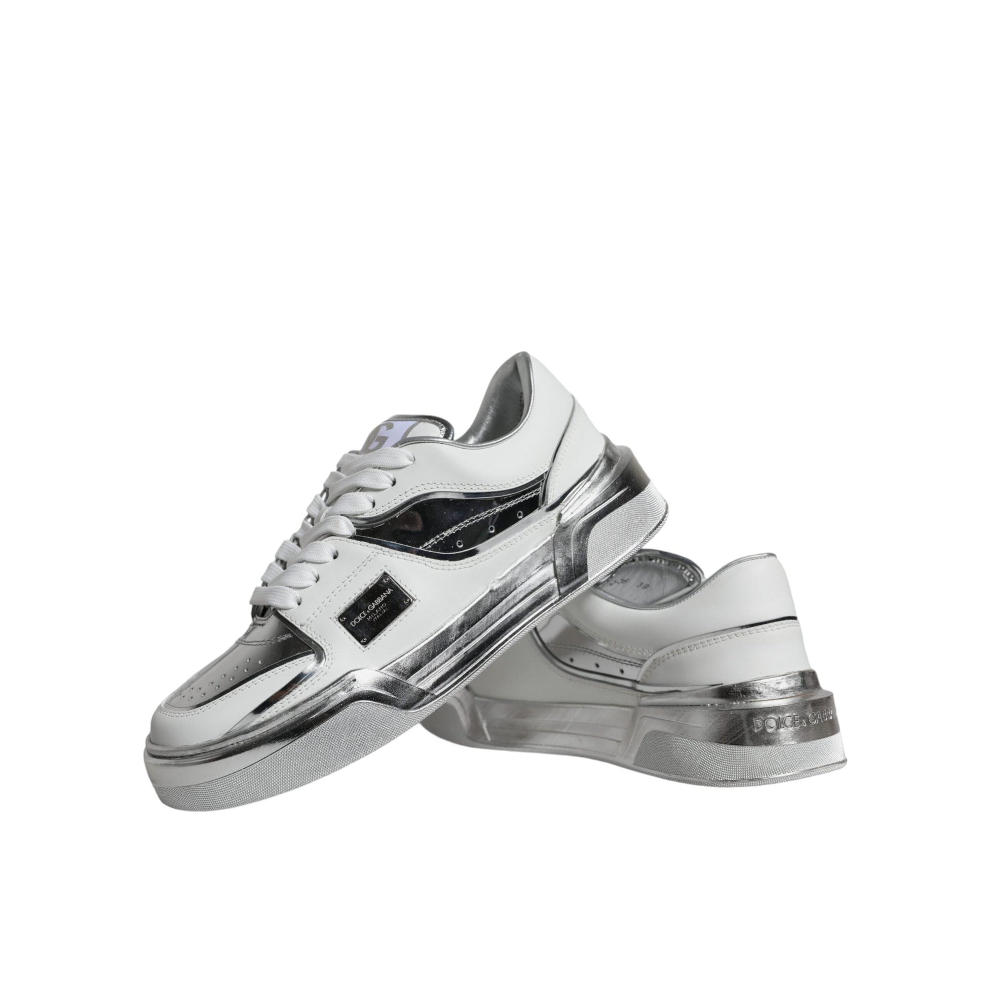 Dolce &amp; Gabbana White Silver Leather Low Top Sneakers Shoes