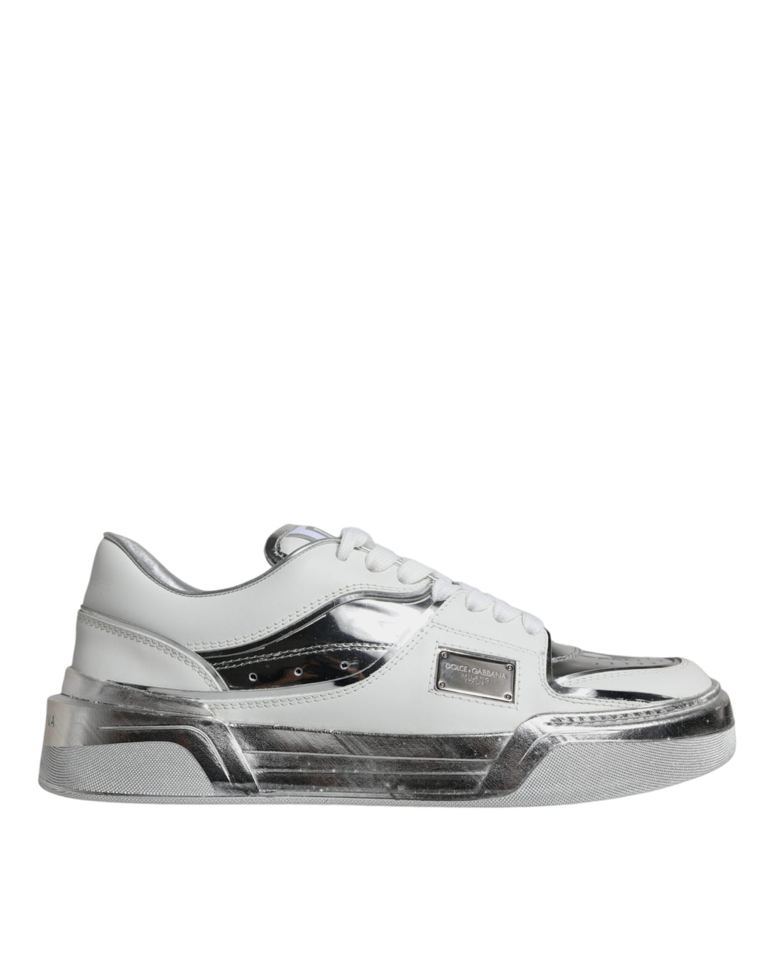 Dolce & Gabbana White Silver Leather Low Top Sneakers Shoes