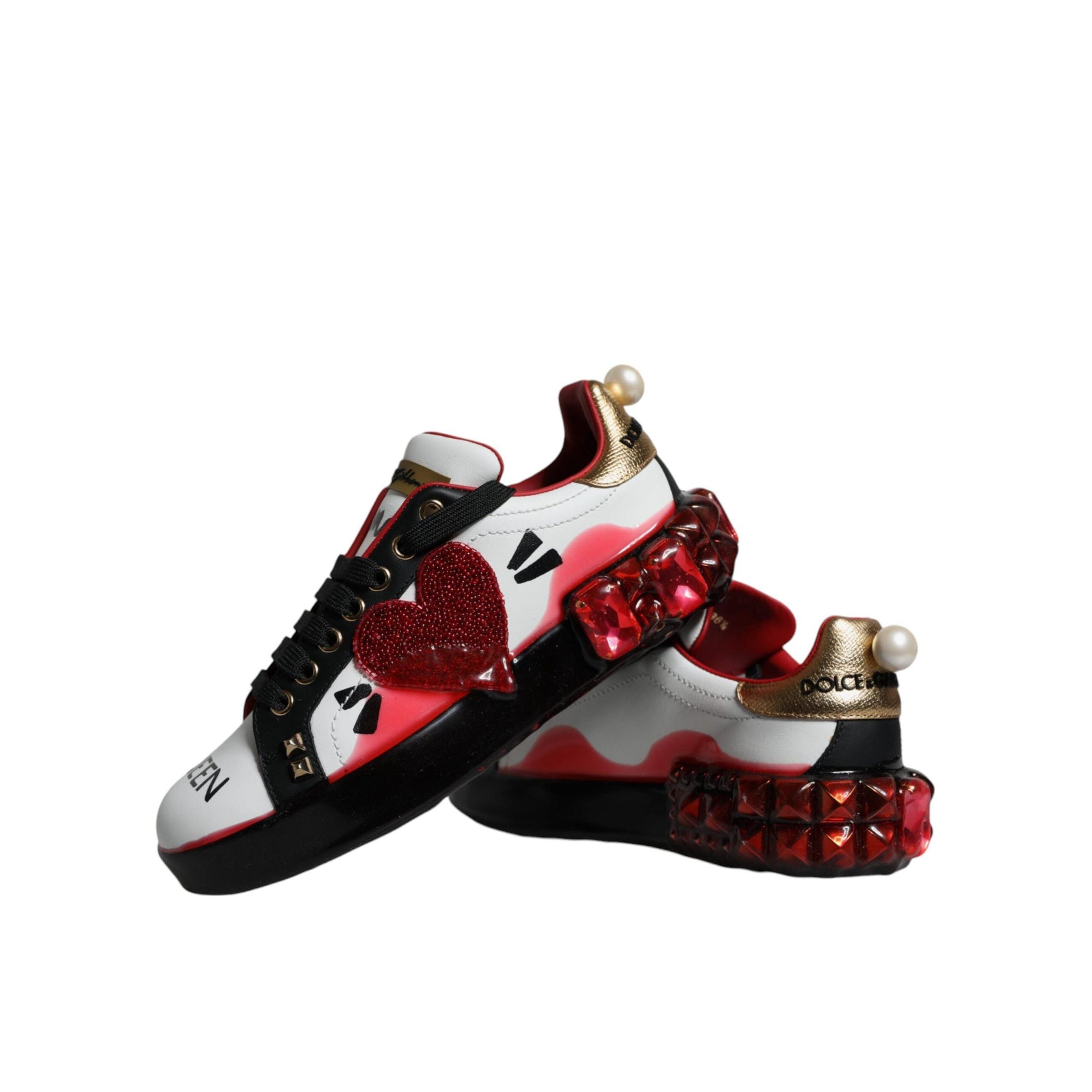 Dolce &amp; Gabbana White Red Crystals Leather Portofino Sneakers Shoes