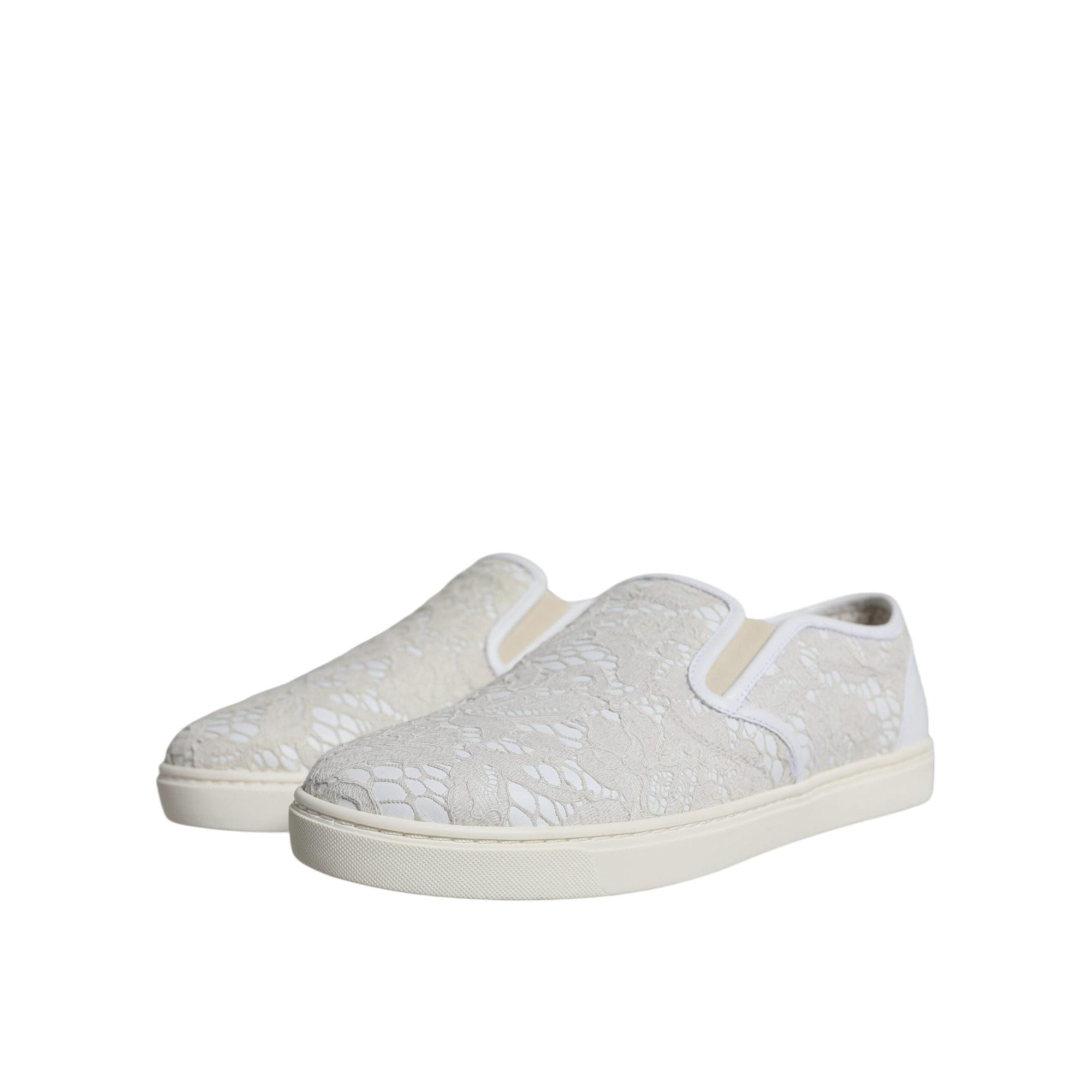 Dolce &amp; Gabbana White Leather Lace Slip On Loafers Shoes