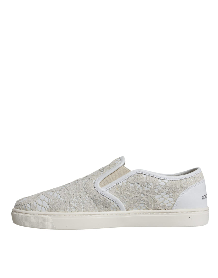 Dolce & Gabbana White Leather Lace Slip On Loafers Shoes